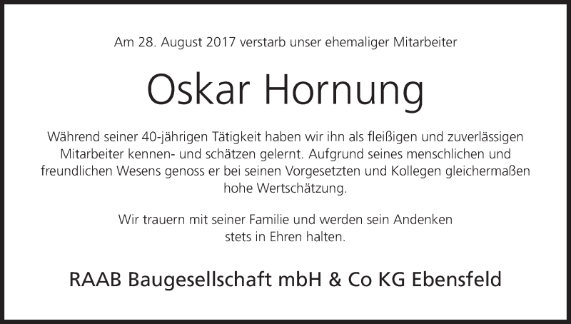  Traueranzeige für Oskar Hornung vom 01.09.2017 aus MGO