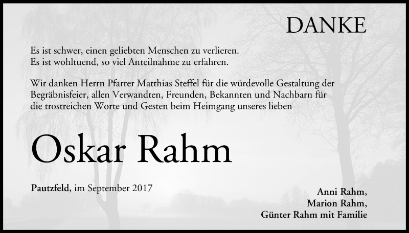  Traueranzeige für Oskar Rahm vom 30.09.2017 aus MGO