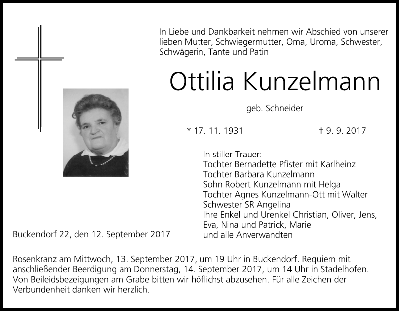  Traueranzeige für Ottilia Kunzelmann vom 12.09.2017 aus MGO