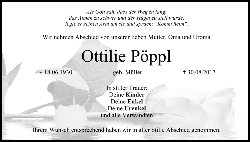  Traueranzeige für Ottilie Pöppl vom 16.09.2017 aus MGO