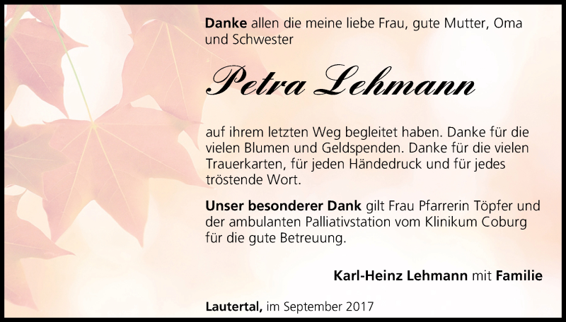  Traueranzeige für Petra Lehmann vom 16.09.2017 aus MGO