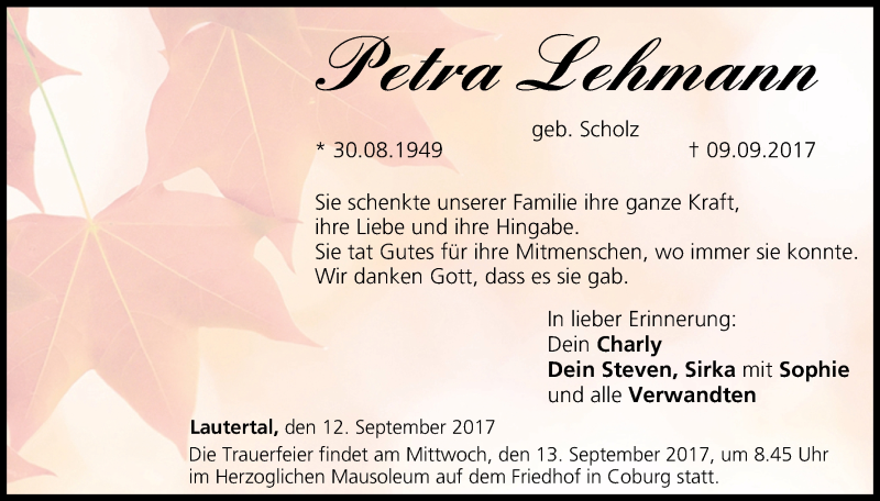  Traueranzeige für Petra Lehmann vom 12.09.2017 aus MGO