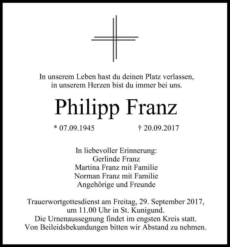  Traueranzeige für Philipp Franz vom 27.09.2017 aus MGO