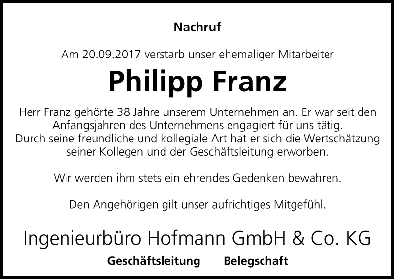  Traueranzeige für Philipp Franz vom 29.09.2017 aus MGO