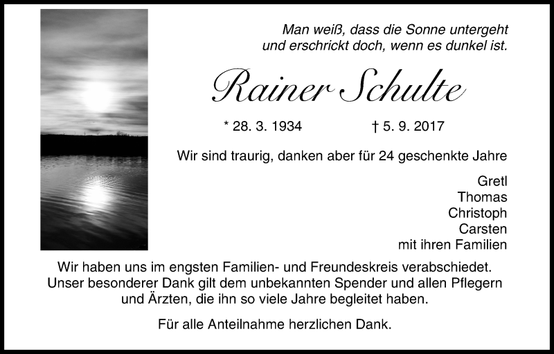  Traueranzeige für Rainer Schulte vom 09.09.2017 aus MGO