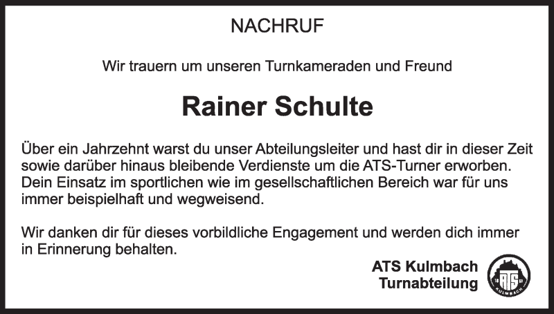  Traueranzeige für Rainer Schulte vom 13.09.2017 aus MGO