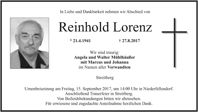  Traueranzeige für Reinhold Lorenz vom 13.09.2017 aus MGO