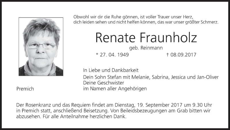  Traueranzeige für Renate Fraunholz vom 16.09.2017 aus MGO
