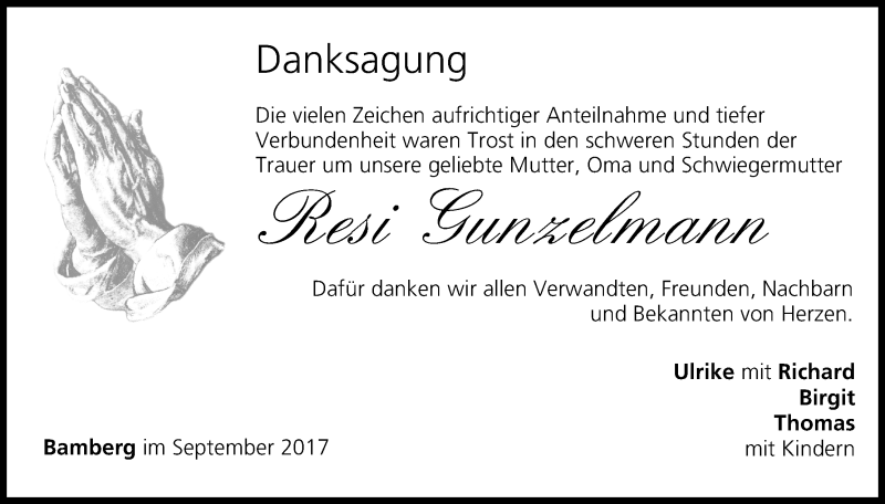  Traueranzeige für Resi Gunzelmann vom 23.09.2017 aus MGO