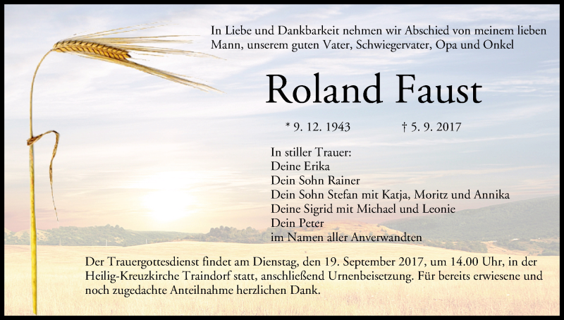  Traueranzeige für Roland Faust vom 14.09.2017 aus MGO