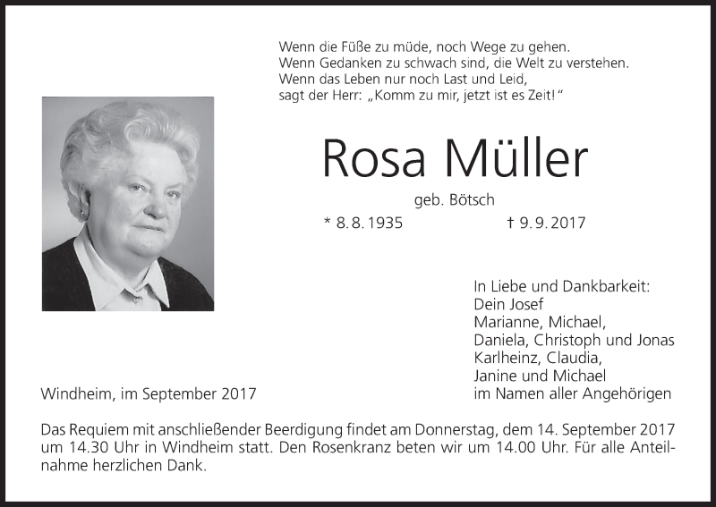  Traueranzeige für Rosa Müller vom 13.09.2017 aus MGO