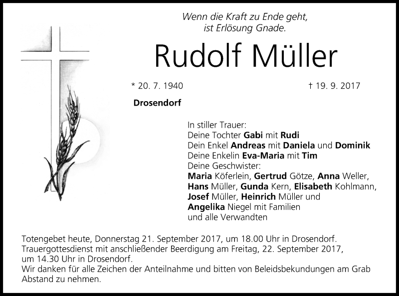 Traueranzeige für Rudolf Müller vom 21.09.2017 aus MGO