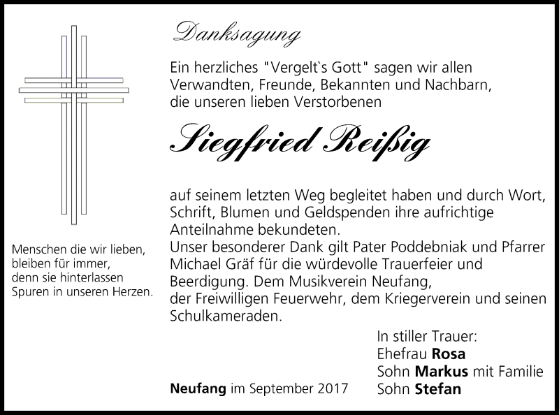  Traueranzeige für Siegfried Reißig vom 16.09.2017 aus MGO