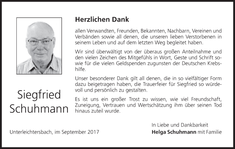  Traueranzeige für Siegfried Schuhmann vom 23.09.2017 aus MGO