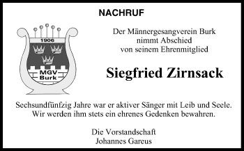 Anzeige von Siegfried Zirnsack von MGO