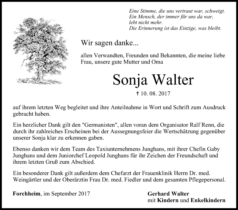  Traueranzeige für Sonja Walter vom 02.09.2017 aus MGO