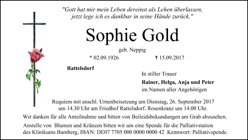  Traueranzeige für Sophie Gold vom 23.09.2017 aus MGO