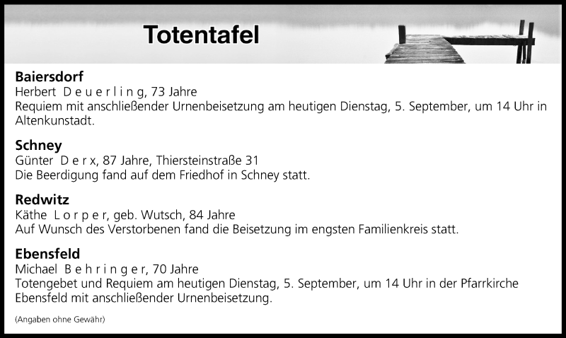  Traueranzeige für Totentafel vom 05.09.2017 vom 05.09.2017 aus MGO