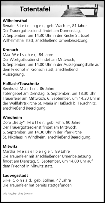 Anzeige von Totentafel vom 05.09.2017 von MGO