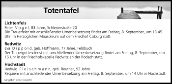 Anzeige von Totentafel vom 07.09.2017 von MGO
