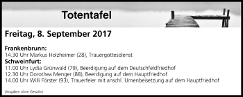 Anzeige von Totentafel vom 08.09.2017 von MGO