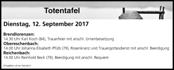 Anzeige von Totentafel vom 12.09.2017 von MGO
