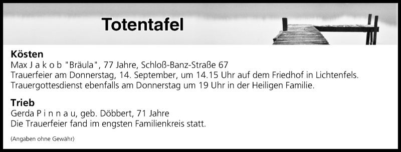  Traueranzeige für Totentafel vom 13.09.2017 vom 13.09.2017 aus MGO
