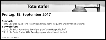 Anzeige von Totentafel vom 15.09.2017 von MGO