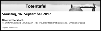 Anzeige von Totentafel vom 16.09.2017 von MGO