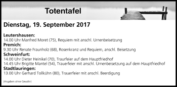 Anzeige von Totentafel vom 19.09.2017 von MGO