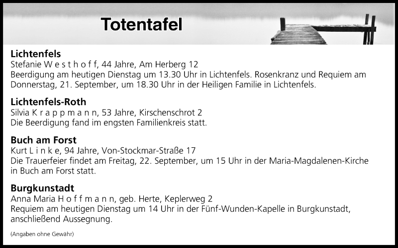  Traueranzeige für Totentafel vom 19.09.2017 vom 19.09.2017 aus MGO
