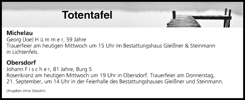  Traueranzeige für Totentafel vom 20.09.2017 vom 20.09.2017 aus MGO