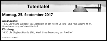 Anzeige von Totentafel vom 25.09.2017 von MGO