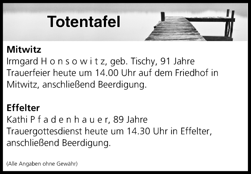  Traueranzeige für Totentafel vom 26.09.2017 vom 26.09.2017 aus MGO