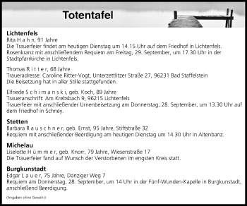 Anzeige von Totentafel vom 26.09.2017 von MGO