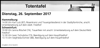 Anzeige von Totentafel vom 26.09.2017 von MGO