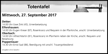 Anzeige von Totentafel vom 27.09.2017 von MGO