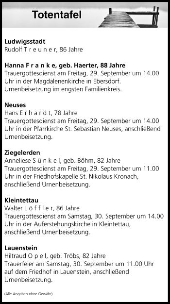 Anzeige von Totentafel vom 28.09.2017 von MGO