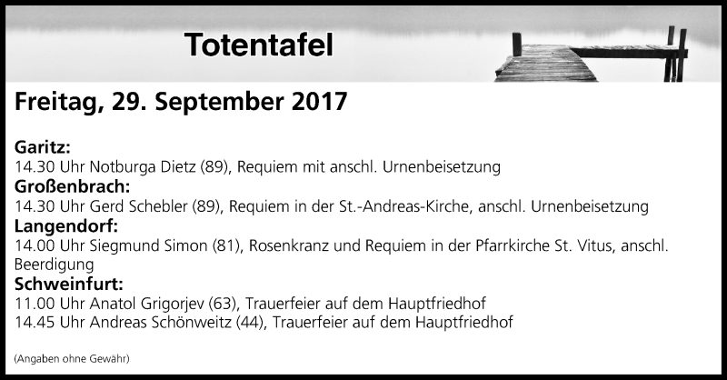  Traueranzeige für Totentafel vom 29.09.2017 vom 29.09.2017 aus MGO