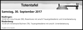 Anzeige von Totentafel vom 30.09.2017 von MGO