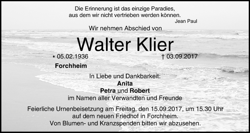  Traueranzeige für Walter Klier vom 13.09.2017 aus MGO
