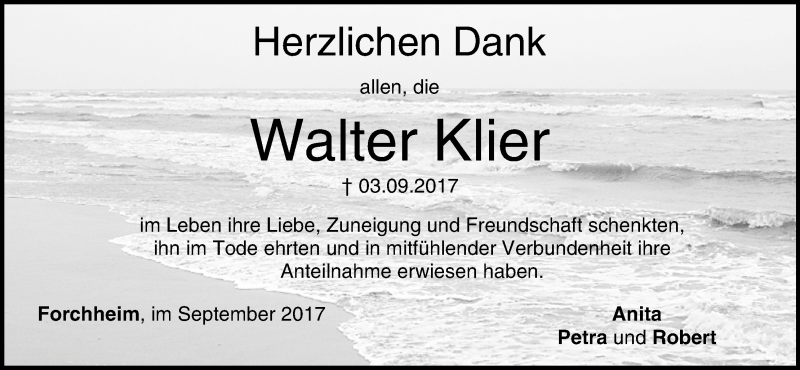  Traueranzeige für Walter Klier vom 23.09.2017 aus MGO