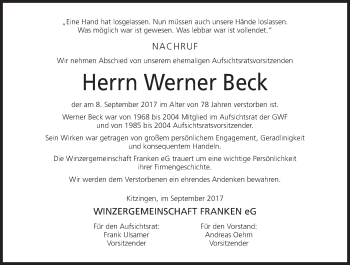 Anzeige von Werner Beck von MGO