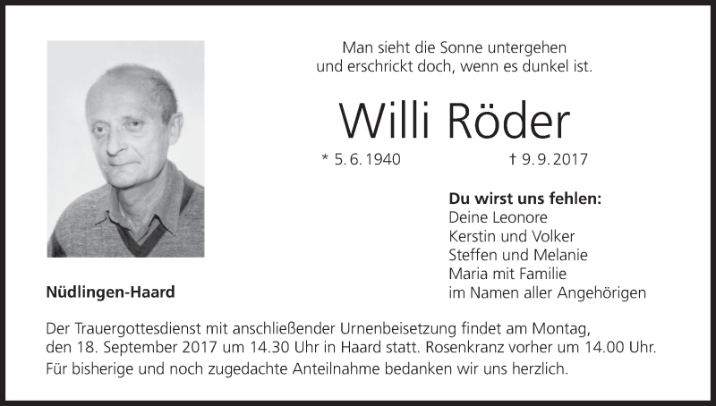  Traueranzeige für Willi Röder vom 14.09.2017 aus MGO