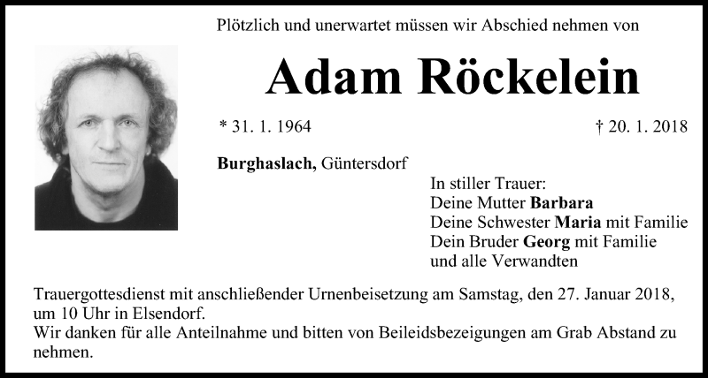  Traueranzeige für Adam Röckelein vom 24.01.2018 aus MGO