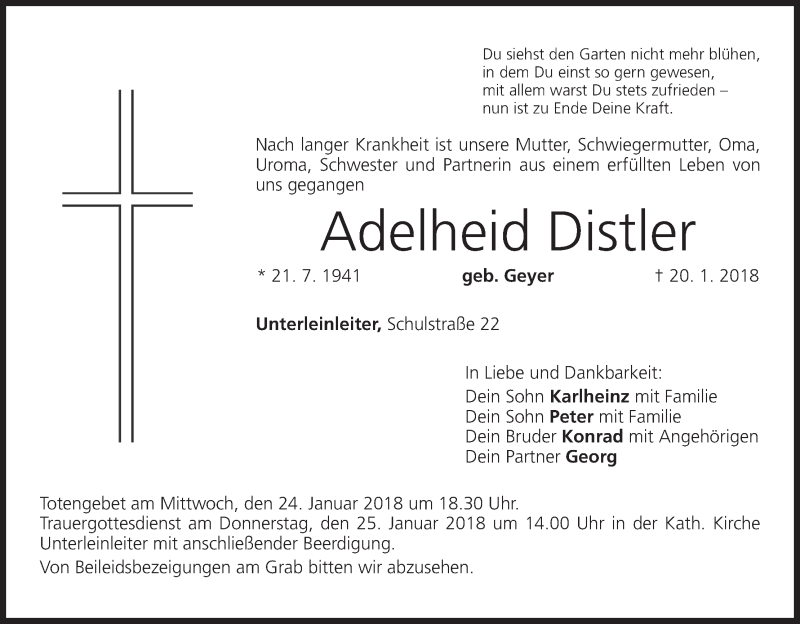  Traueranzeige für Adelheid Distler vom 23.01.2018 aus MGO