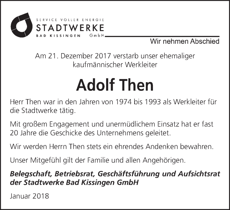  Traueranzeige für Adolf Then vom 16.01.2018 aus MGO