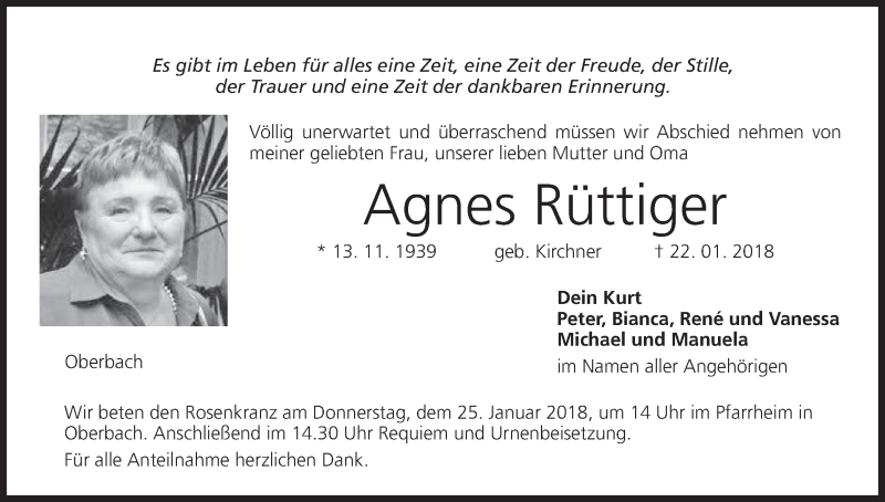  Traueranzeige für Agnes Rüttiger vom 24.01.2018 aus MGO