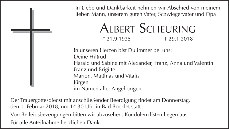  Traueranzeige für Albert Scheuring vom 31.01.2018 aus MGO
