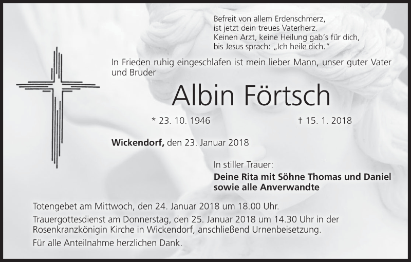  Traueranzeige für Albin Förtsch vom 23.01.2018 aus MGO